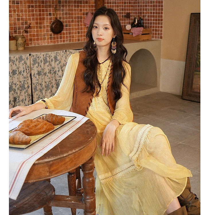 【商场同款】菀草壹2025秋女异域风复古花边长款连衣裙Q17111531