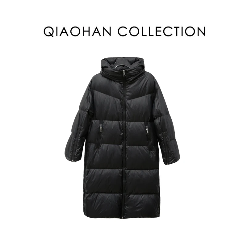 俏韩【大黑】加厚长款连帽白鹅绒纯色面包保暖廓形羽绒服