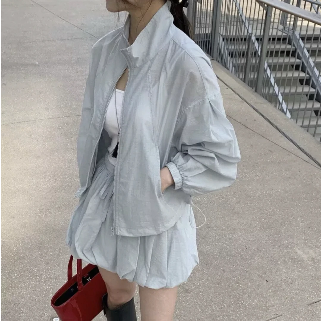 长袖运动洋气时尚休闲夏季宽松韩版白色短款防晒套装528#