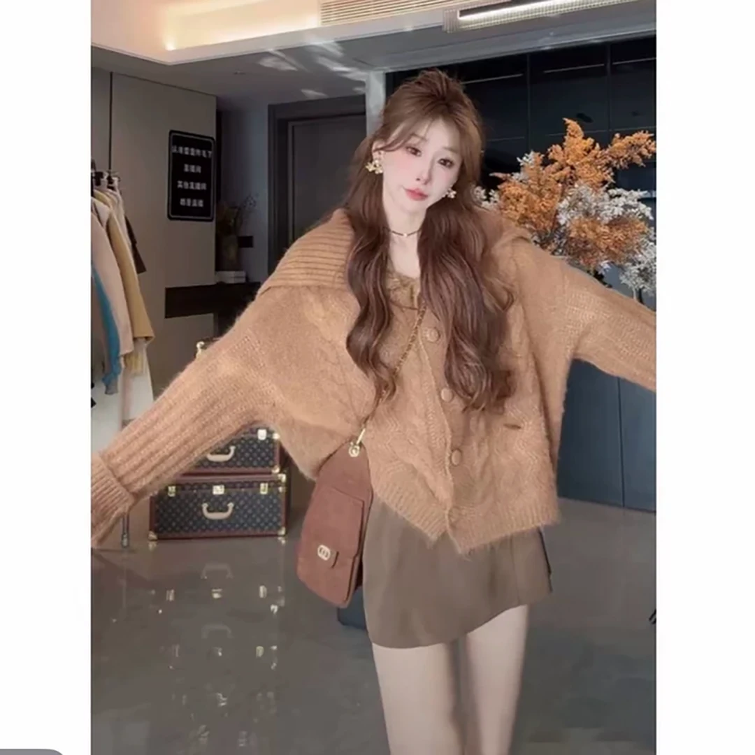 【3758】慵懒风设计感麻花毛衣针织衫外套女秋修身显瘦半身裙短裙