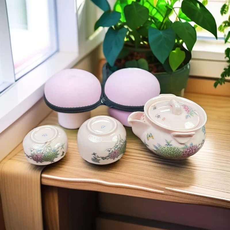 KK0560-绣球花旅行茶具一壶两杯手工户外陶瓷简约旅行便携式带盖