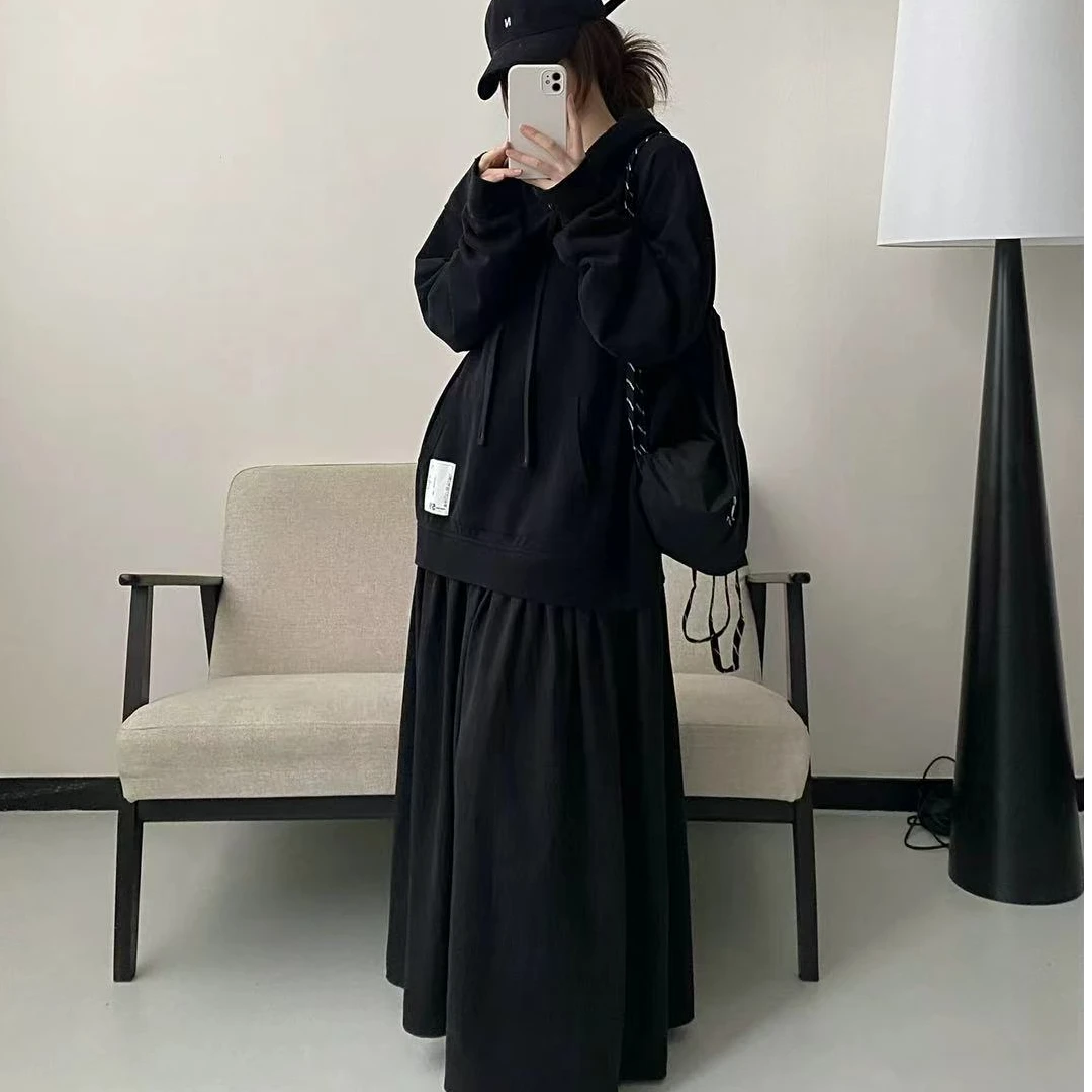 夏季新款贴标磨破调节扣袖口连帽毛圈卫衣拼接连衣裙女459550