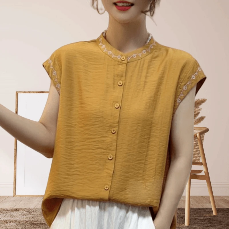 减龄衬衫休闲上衣夏季韩系流行洋气刺绣纯色百搭显瘦短袖小衫女款