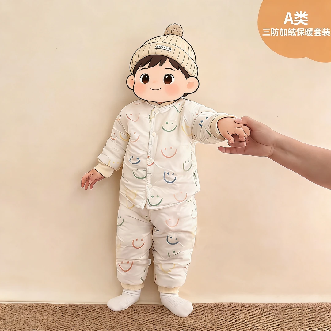 三防彩虹笑脸150克加绒加厚110码A类宝宝新生儿秋冬款棉服连体衣