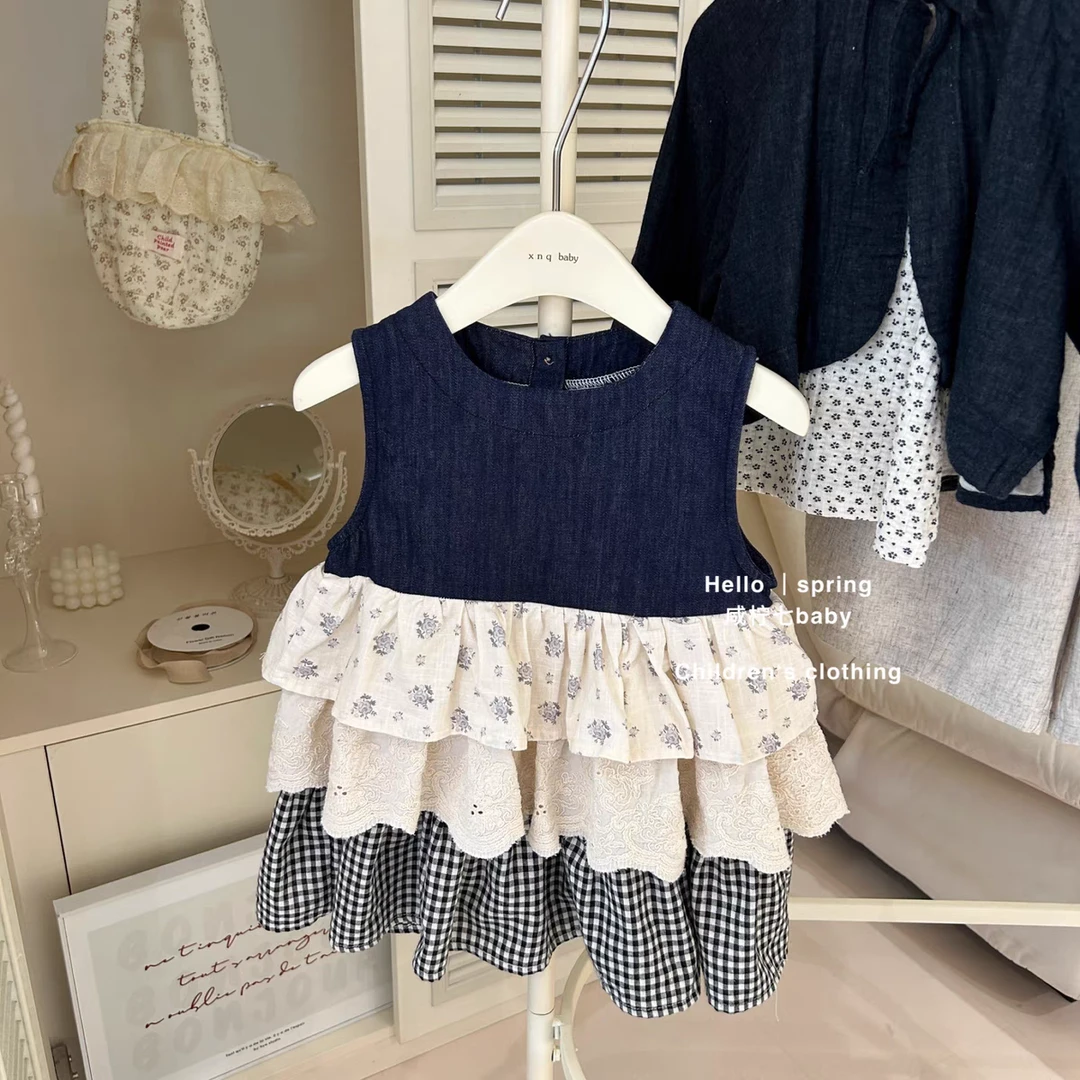 【场仔】女童夏季新款森系女宝宝格子拼接蛋糕裙连衣裙公主裙50056