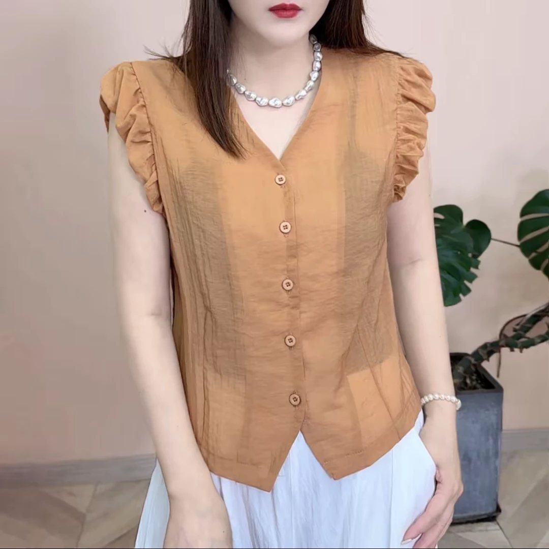 夏季新款时尚洋气V领短袖法式减龄休闲百搭气质显瘦纯色优雅上衣