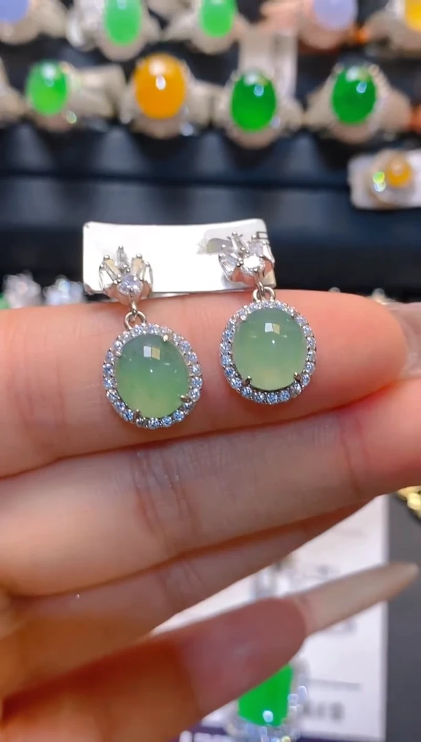 翡翠银S925镶嵌耳饰天然