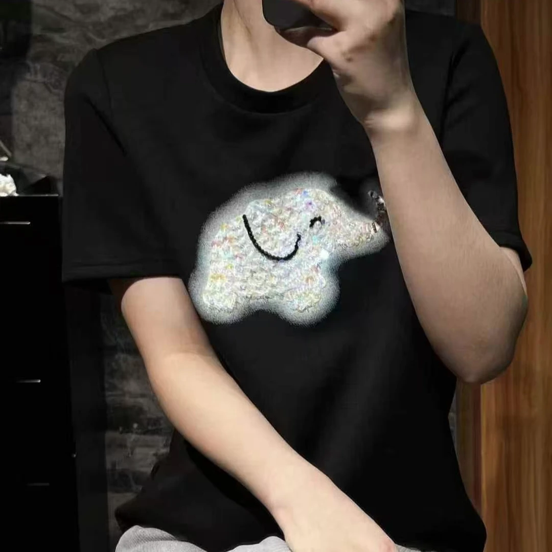 妮子推荐短袖常规型休闲圆领T恤春夏黑色轻奢常规亮片5115
