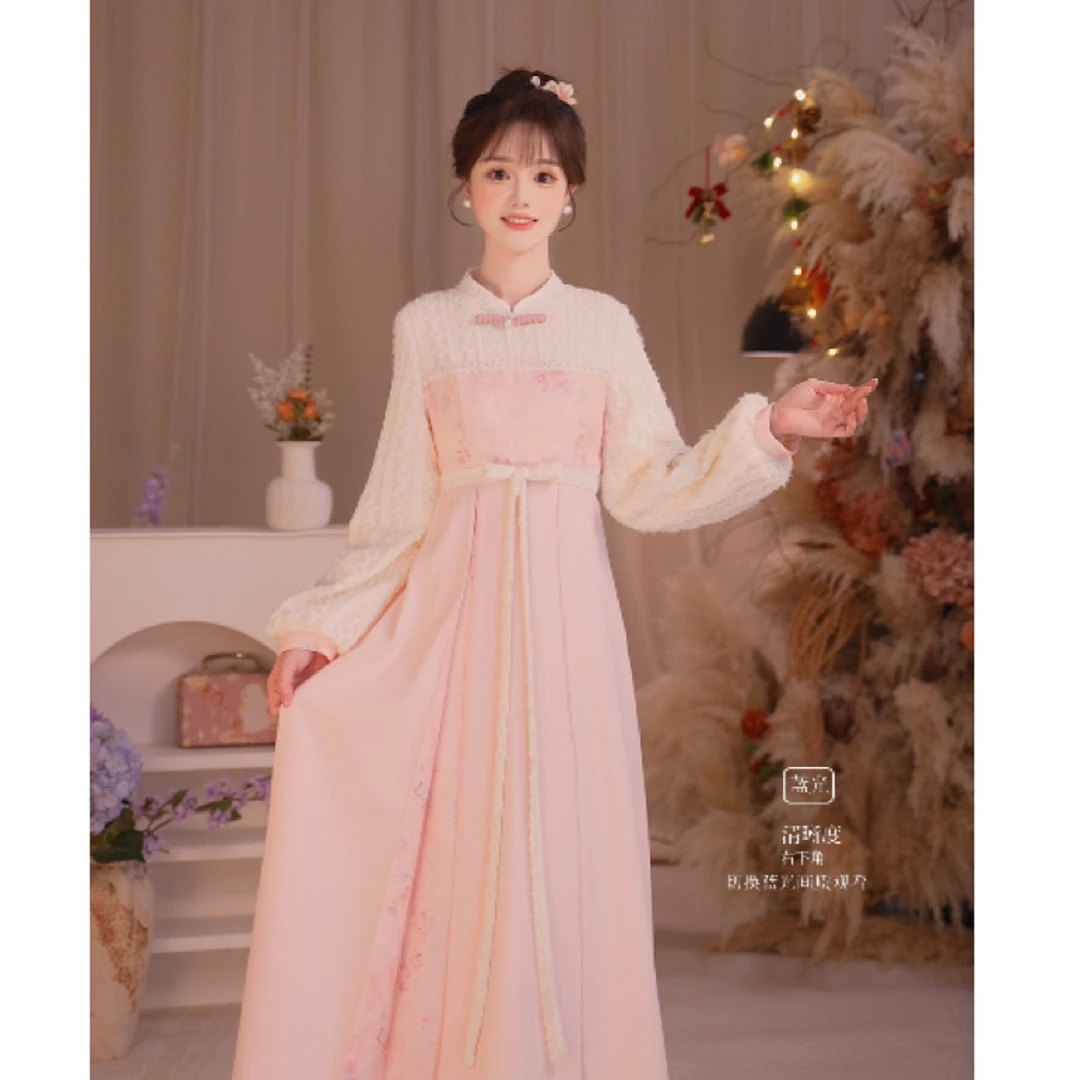 瑶西【浅黛花浔】冬季国风原创新款毛绒蕾丝仙气长袖长款连衣裙