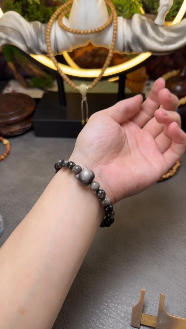 未镶嵌黑曜岩手链黑曜石无相猫圆珠单圈