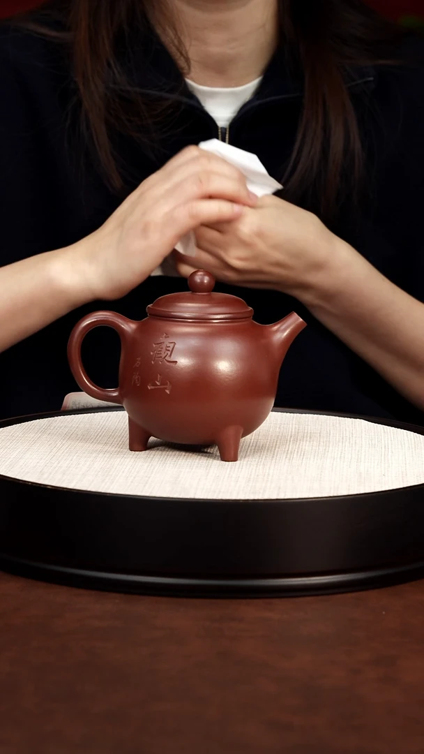 茶杯紫砂三足观山龙蛋壶 朱泥 徐俊