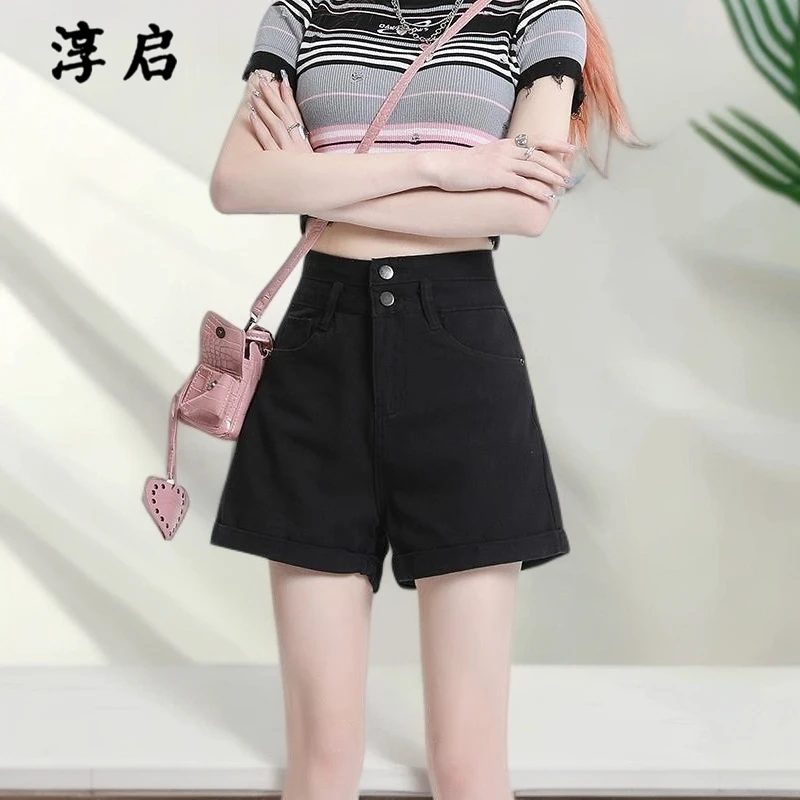 淳启薄款高腰牛仔短裤女夏季新款宽松显瘦阔腿黑色小个子热裤子
