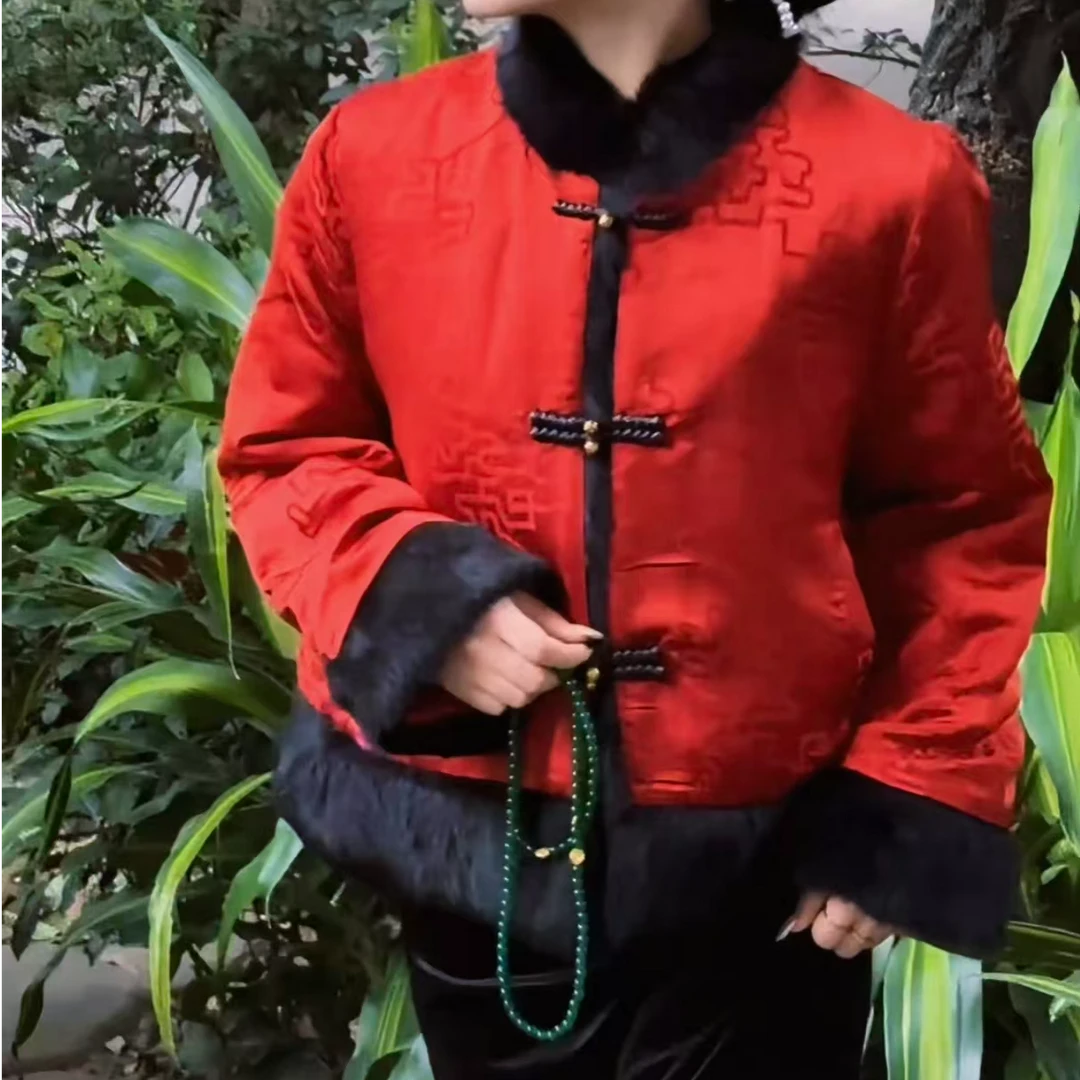 新中式国风双面穿獭兔毛拼接外套女加厚上衣女