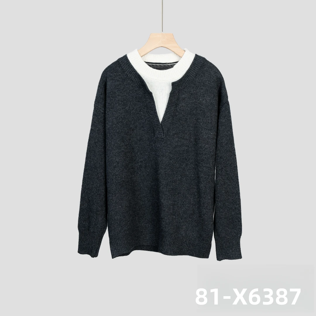 【知识分子】假两件拼接圆领羊绒毛衣宽松百搭针织羊毛衫81-X6387