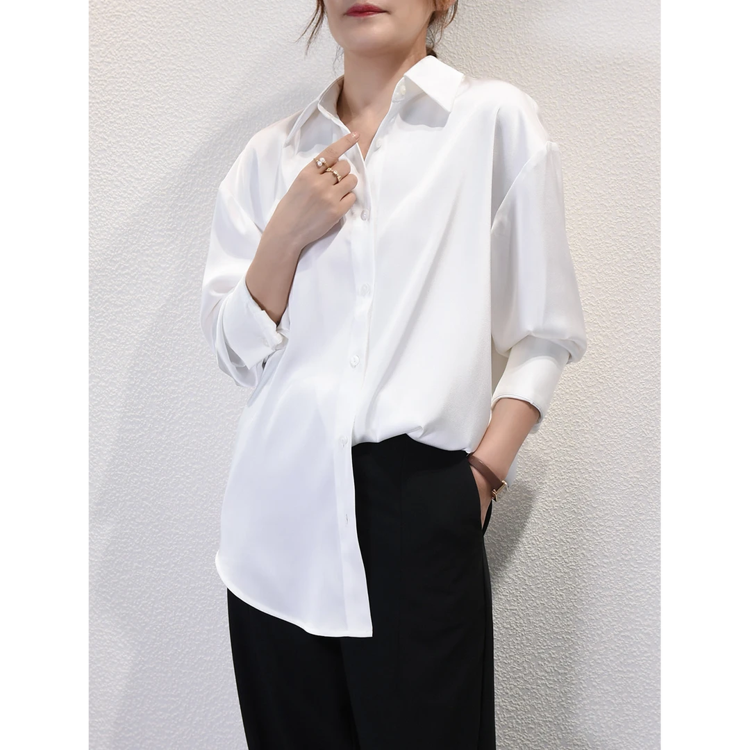 高级感尖领白色衬衫女宽松设计感小众百搭别致垂感衬衣春秋打底衫