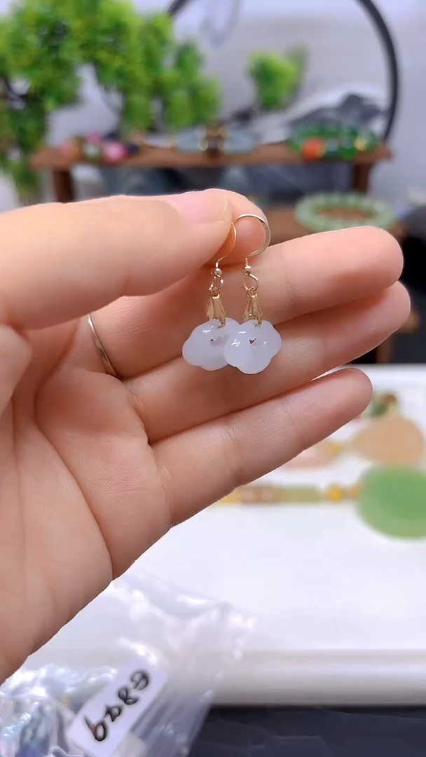 和田玉（白玉）14K金镶嵌耳饰E849