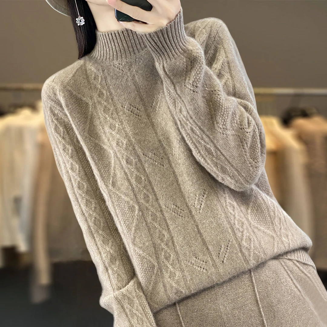 100纯羊毛衫微胖mm秋冬大码半高领女士毛衣内搭可外穿针织打底衫