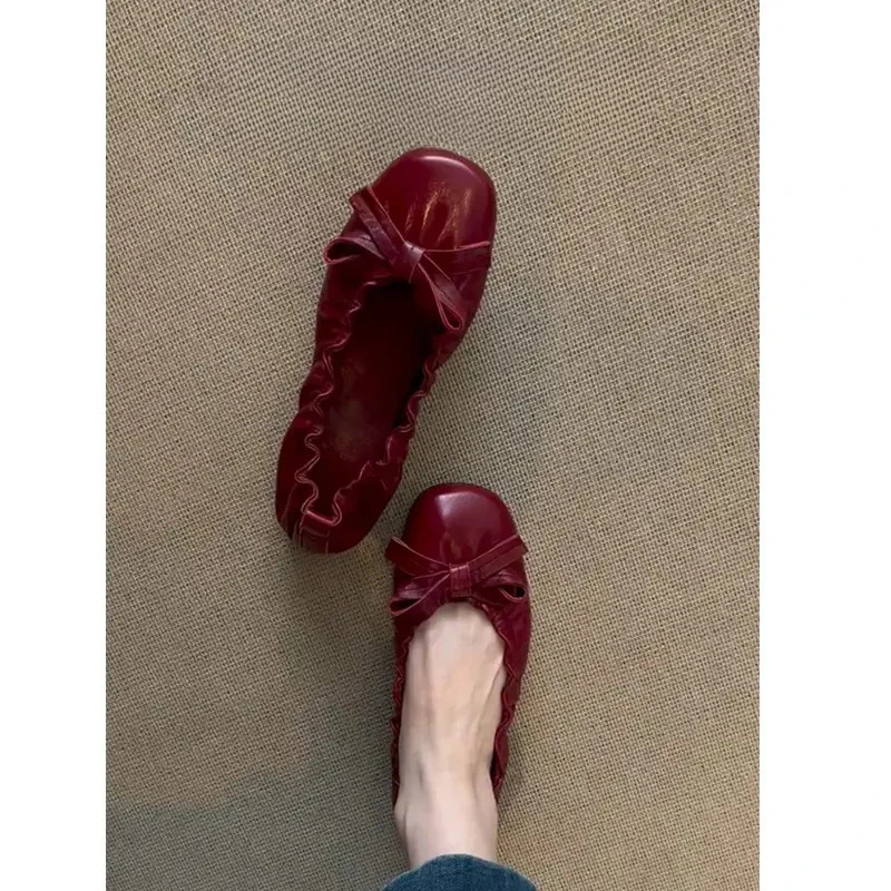 超软小羊皮复古褶皱蝴蝶结平底芭蕾舞鞋通勤百搭一脚蹬浅口单鞋女