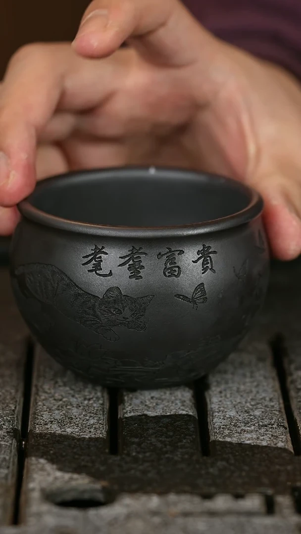 【闪购商品】紫砂茶杯紫砂茶杯石黄刻绘猫