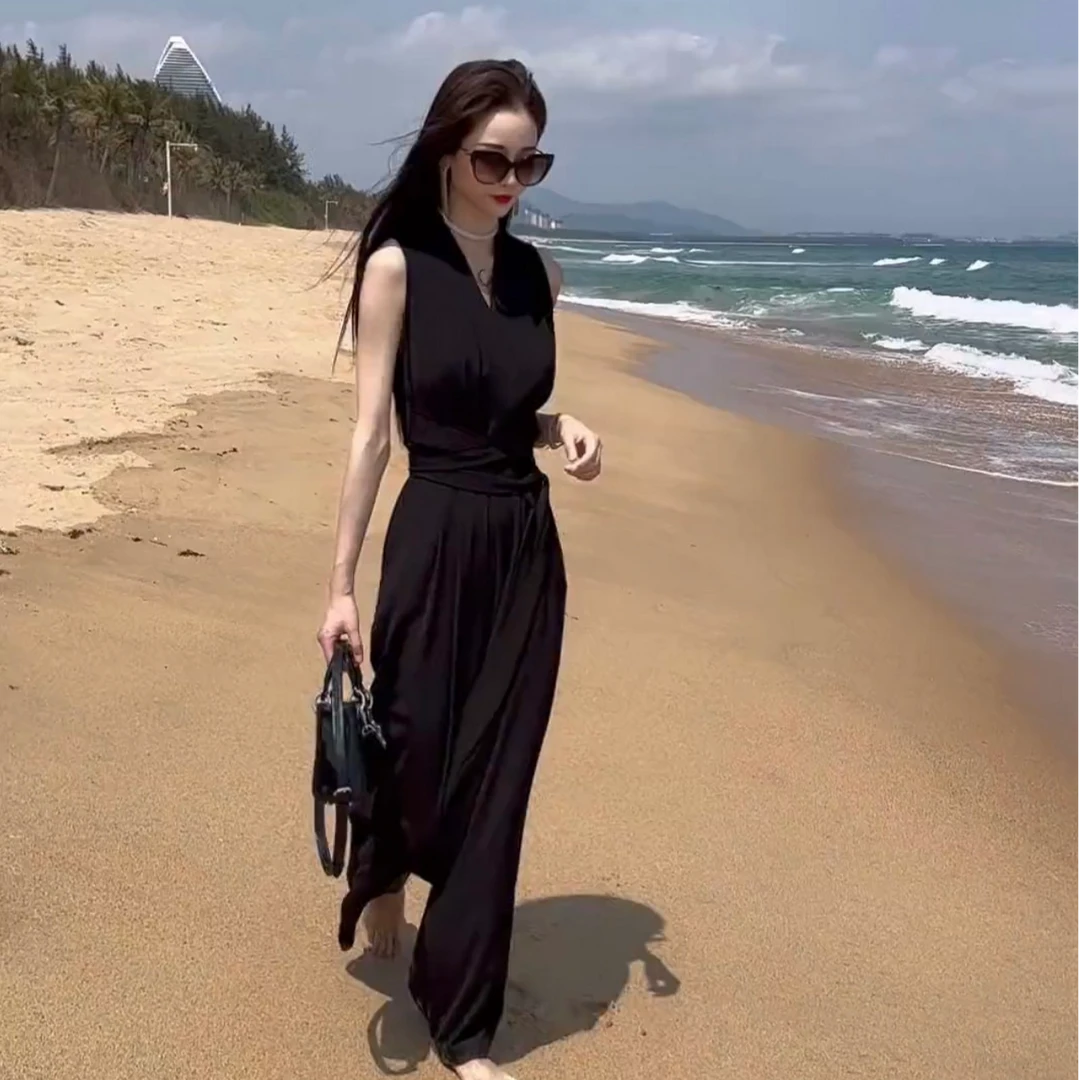 2025新款时尚气质绑带阔腿裤街头高腰连体裤连体衣显瘦修身法式