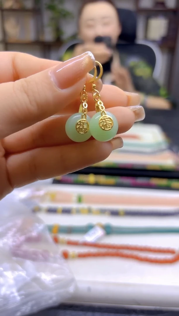 和田玉14K金镶嵌耳饰DIY款E397