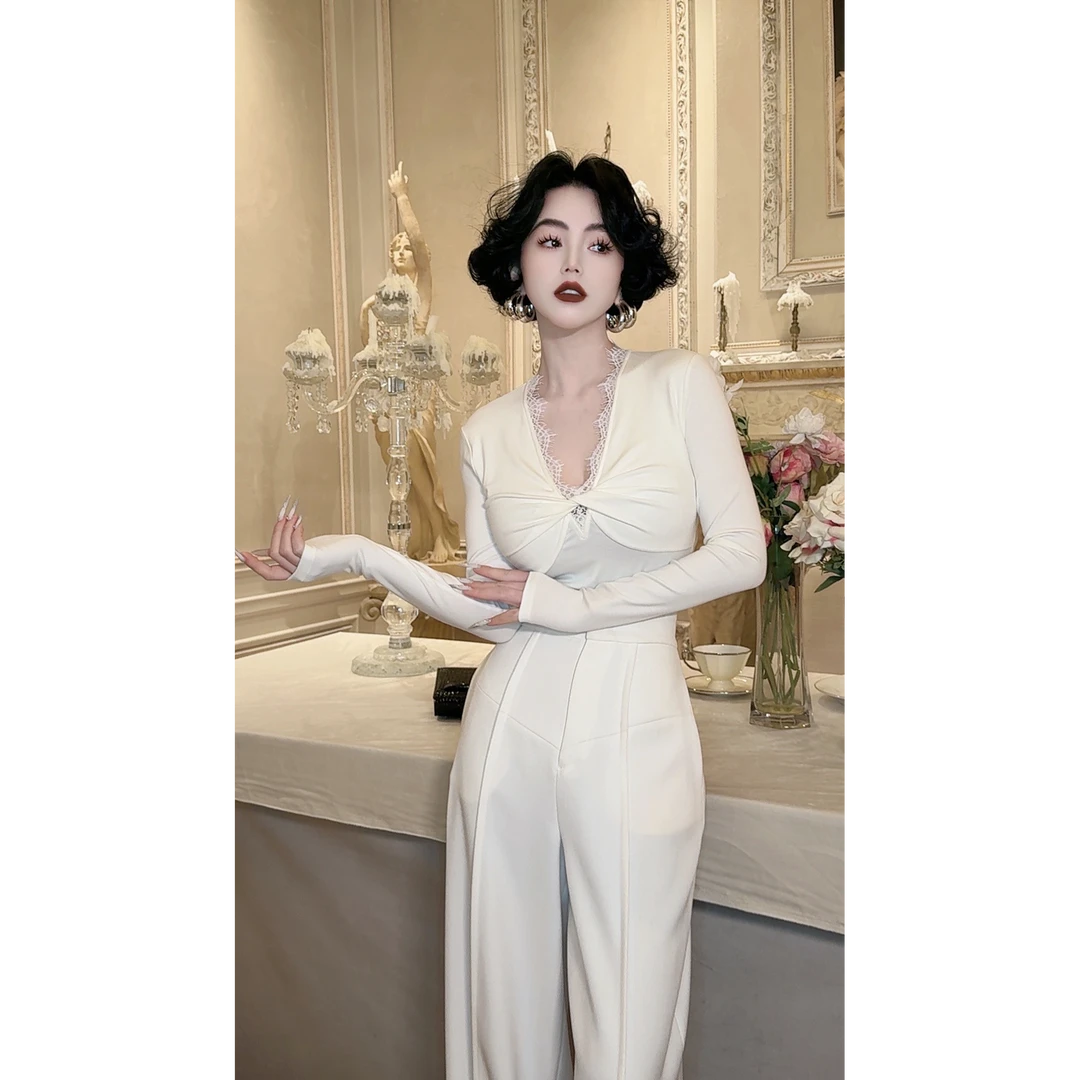 LYXJ【西西里蔓花】纯欲风蕾丝拼接V领长袖上衣小众设计感百搭11642