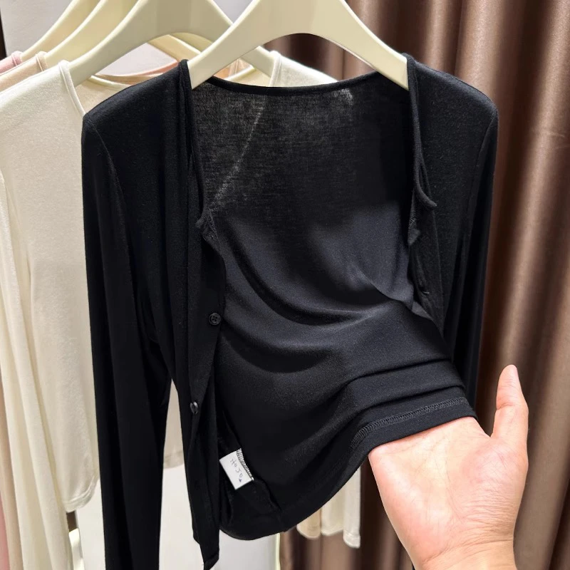 薄款针织开衫外套女配吊带裙外搭黑色披肩春秋新款小坎肩长袖上衣