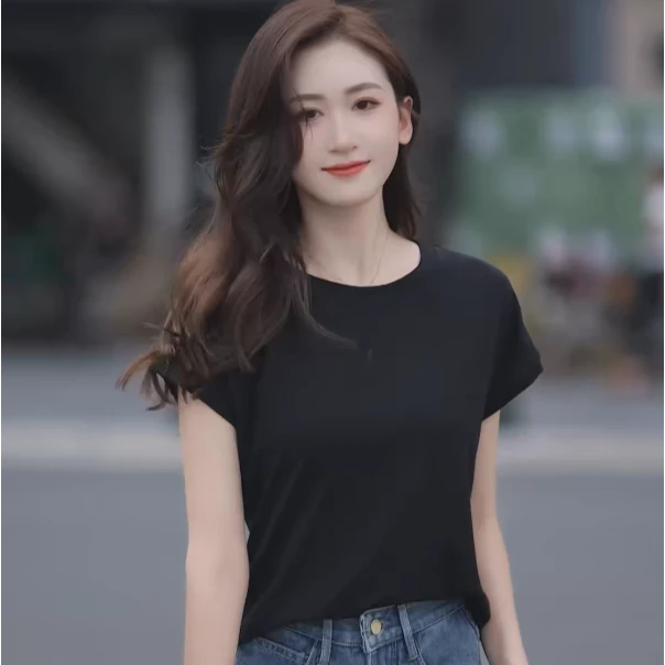 黑色螺纹飞袖T恤女夏季2025新款韩系穿搭弹力显瘦短袖圆领小上衣