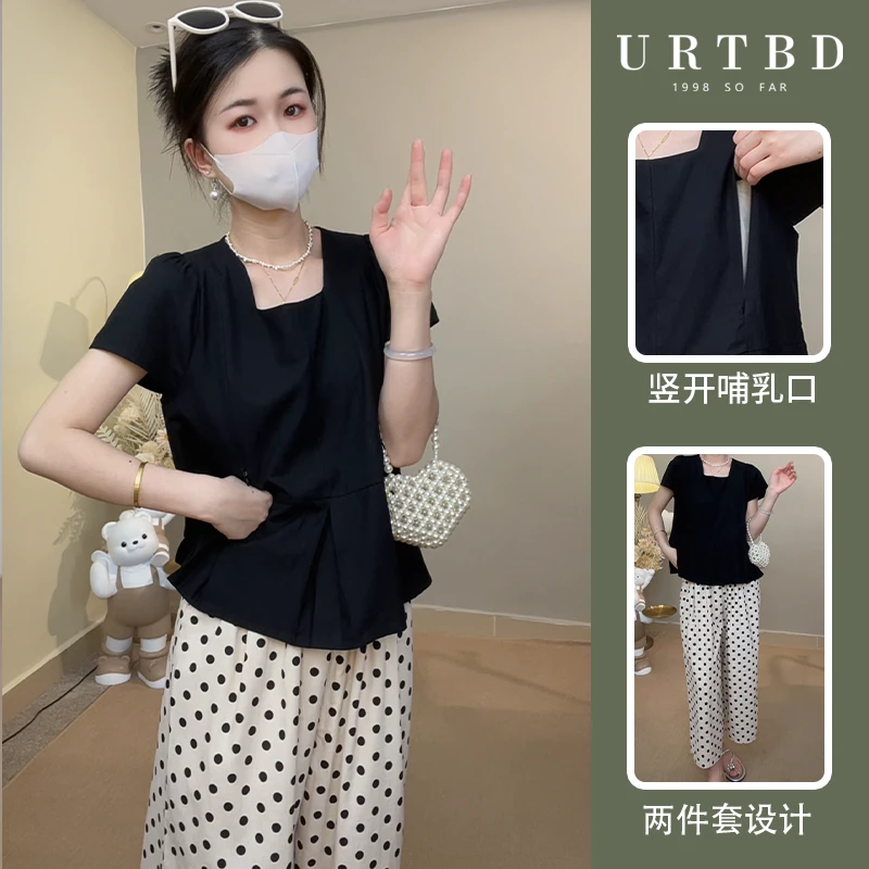 波点长裤套装夏季甜美温柔风哺乳款娃娃衫上衣+波点阔腿裤两件套