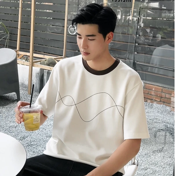 撞色明线高级感男士短袖t恤夏季薄款2025新款潮流百搭男生半袖T恤