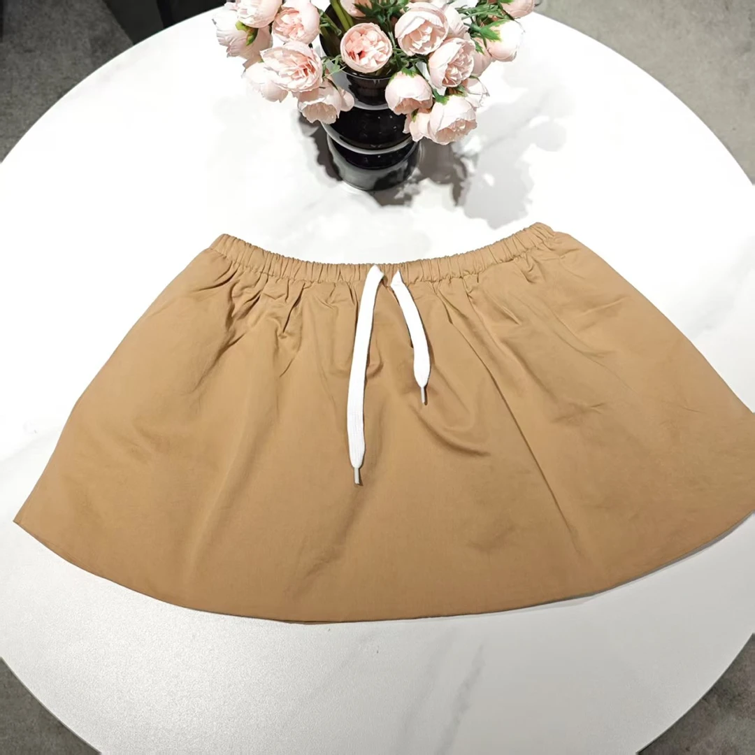5472夏季卡其色短裙口袋半裙松紧腰抽绳宽松显瘦半身裙