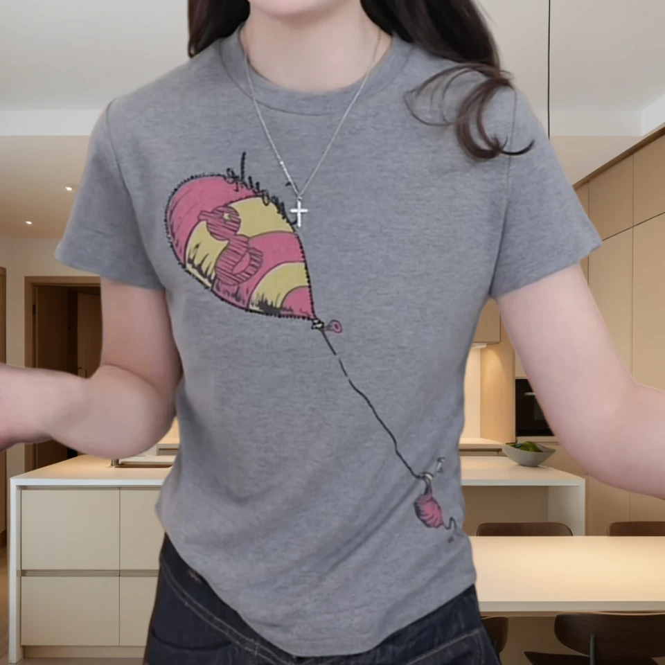 2025春季新款潮流小众显瘦短款韩版印花热气球短袖T恤上衣女