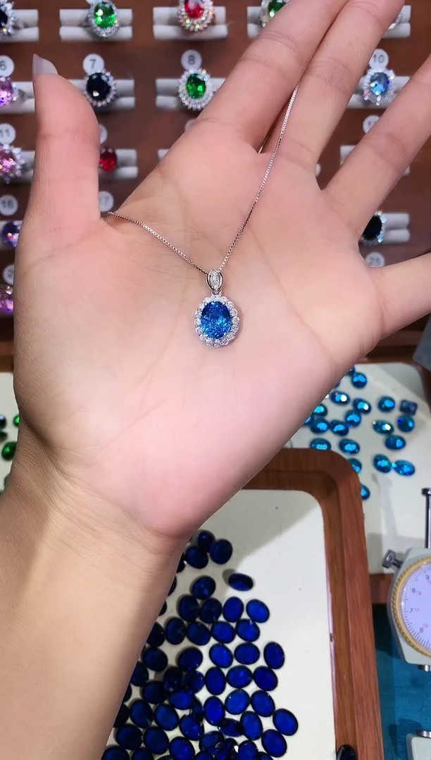 银S925镶嵌颈饰海蓝宝石810白鸟巢切