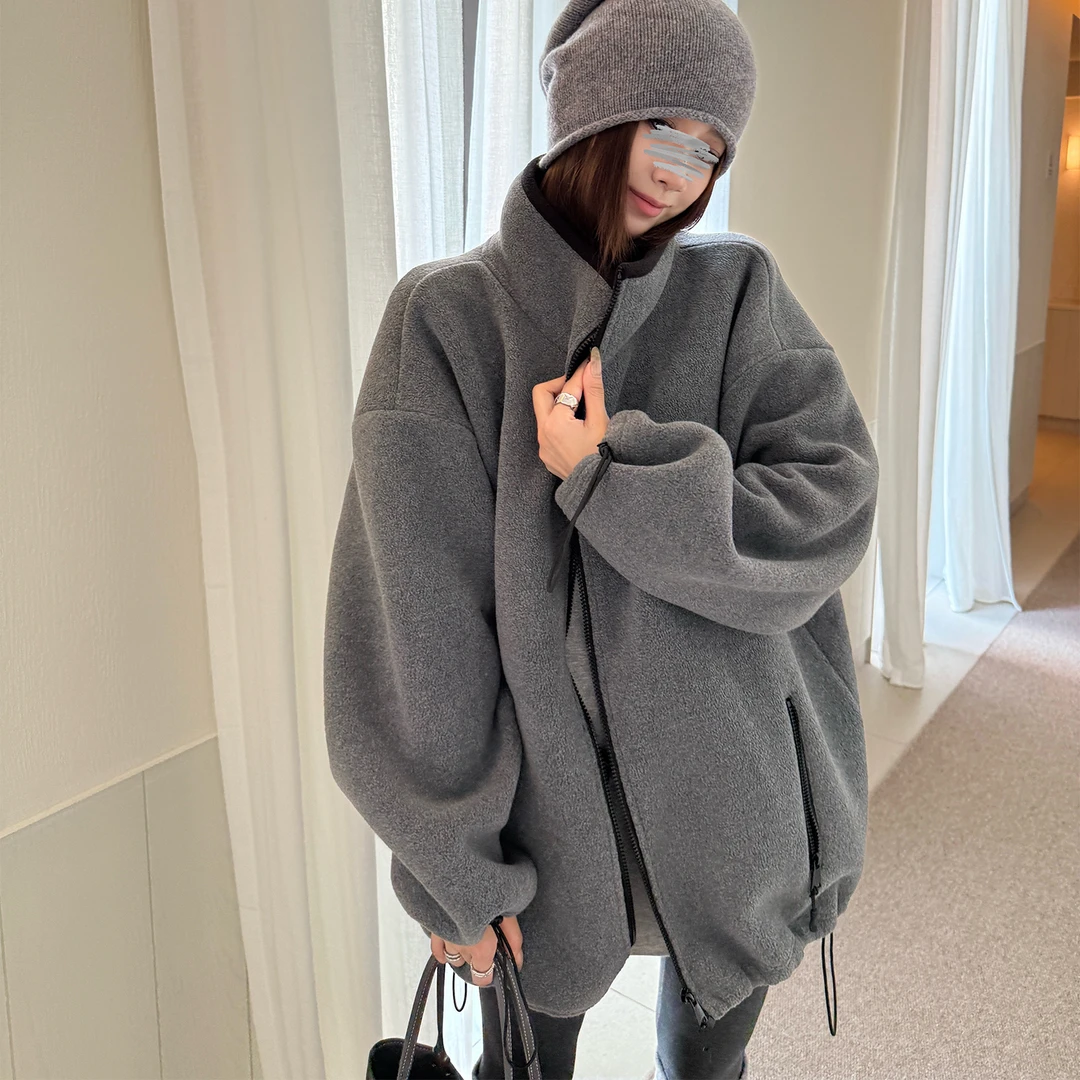 溪溪靓衫秋冬盐系加厚双面摇粒绒灰色宽松立领长袖拉链卫衣外套女