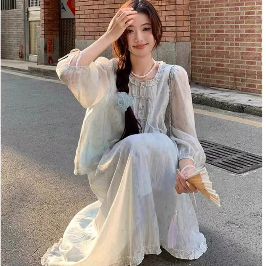 新中式薄荷曼波套装女夏季国风晕染印花 盘扣衬衫A字半身裙两件套