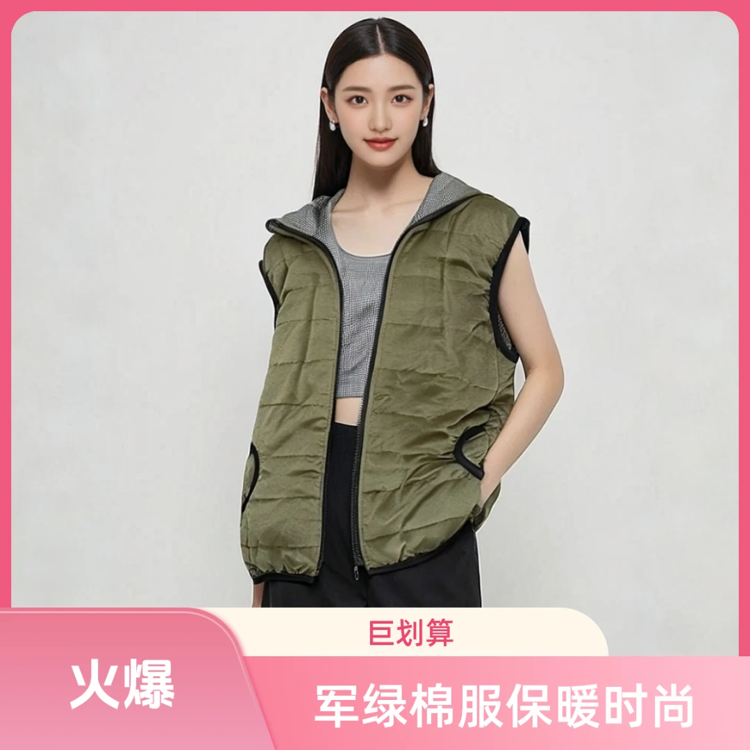 L025双层保暖军绿色双面棉服连帽秋冬时尚女款拼接