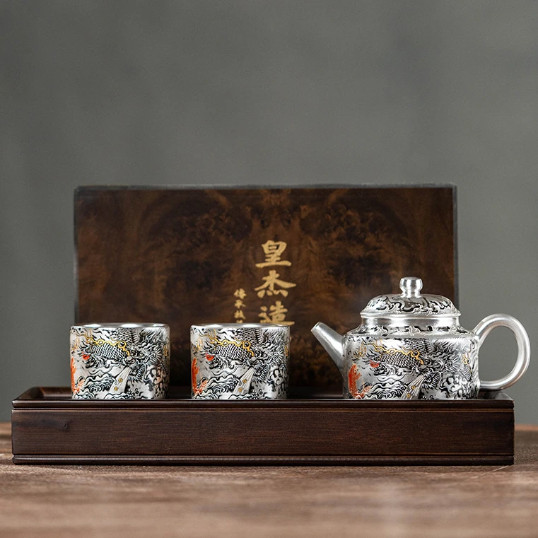 墨龙茶具套装一壶两杯陶瓷茶具鎏银龙纹精美 2730
