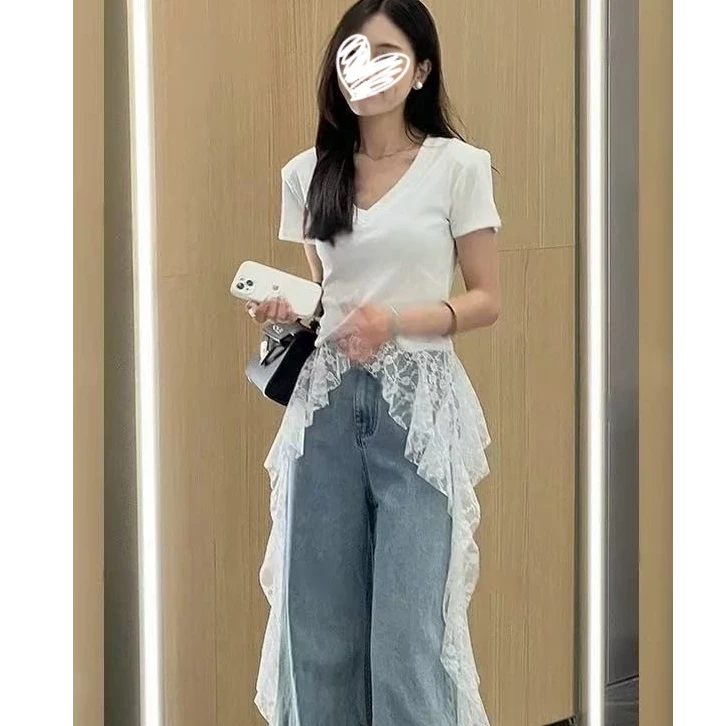 艺等2025夏季新款韩系甜美风V领蕾丝拼接百搭洋气显瘦不规则T恤女