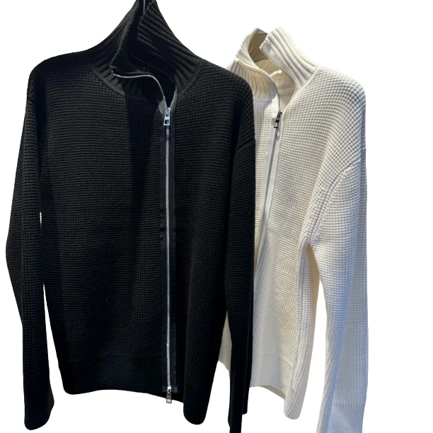 HZQ「斜拉链」高领菠萝针十字针法抗起球拉链开衫外套