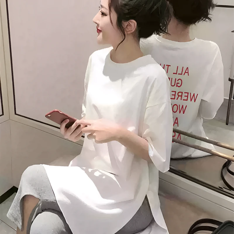 2025新款白色开叉不规则韩版短袖t恤女小个子大版宽松遮屁股上衣