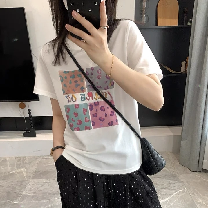 「四宫格豹纹 无感印花」雅纱棉 显瘦正肩短袖T恤夏季韩版宽松T141