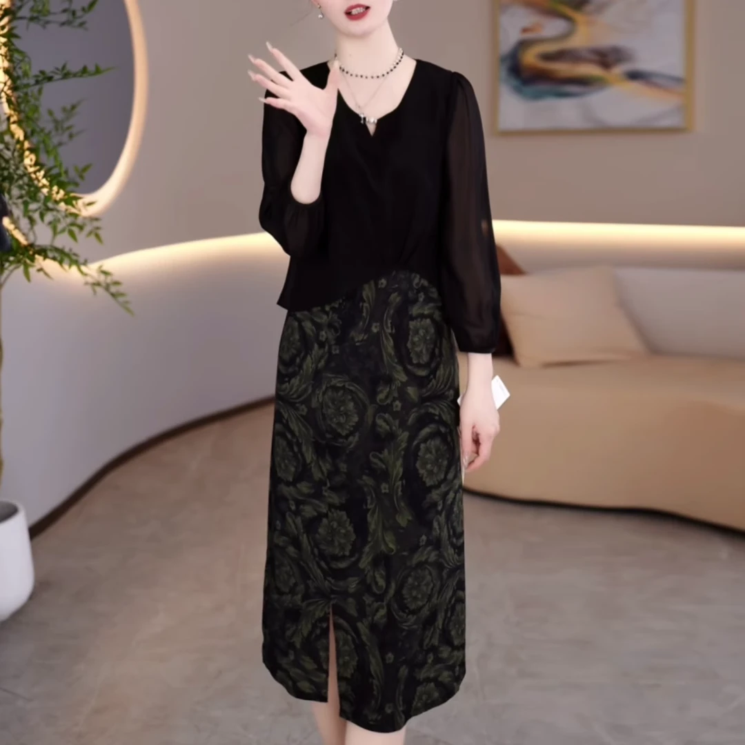 妈妈装假两件连衣裙女2025春夏新款优雅气质时尚百搭名媛显瘦裙子