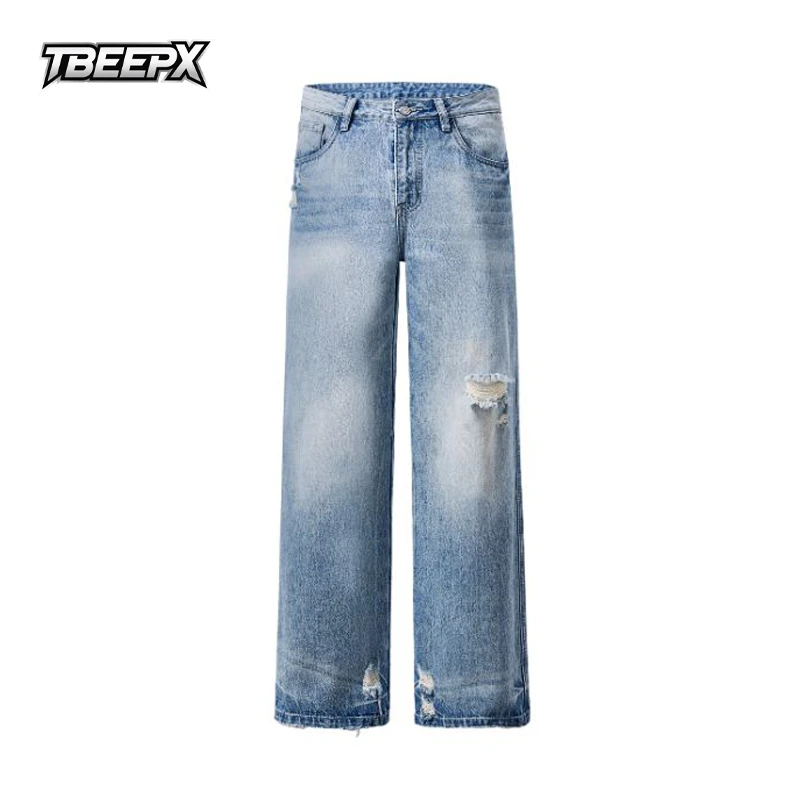 经典破洞直筒牛仔裤男2025秋季新品高街潮牌浅蓝直筒宽松阔腿裤子
