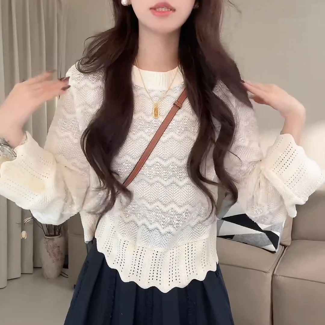 2025早秋新款气质镂空钩花设计圆领针织衫拼接长袖上衣LK2506072