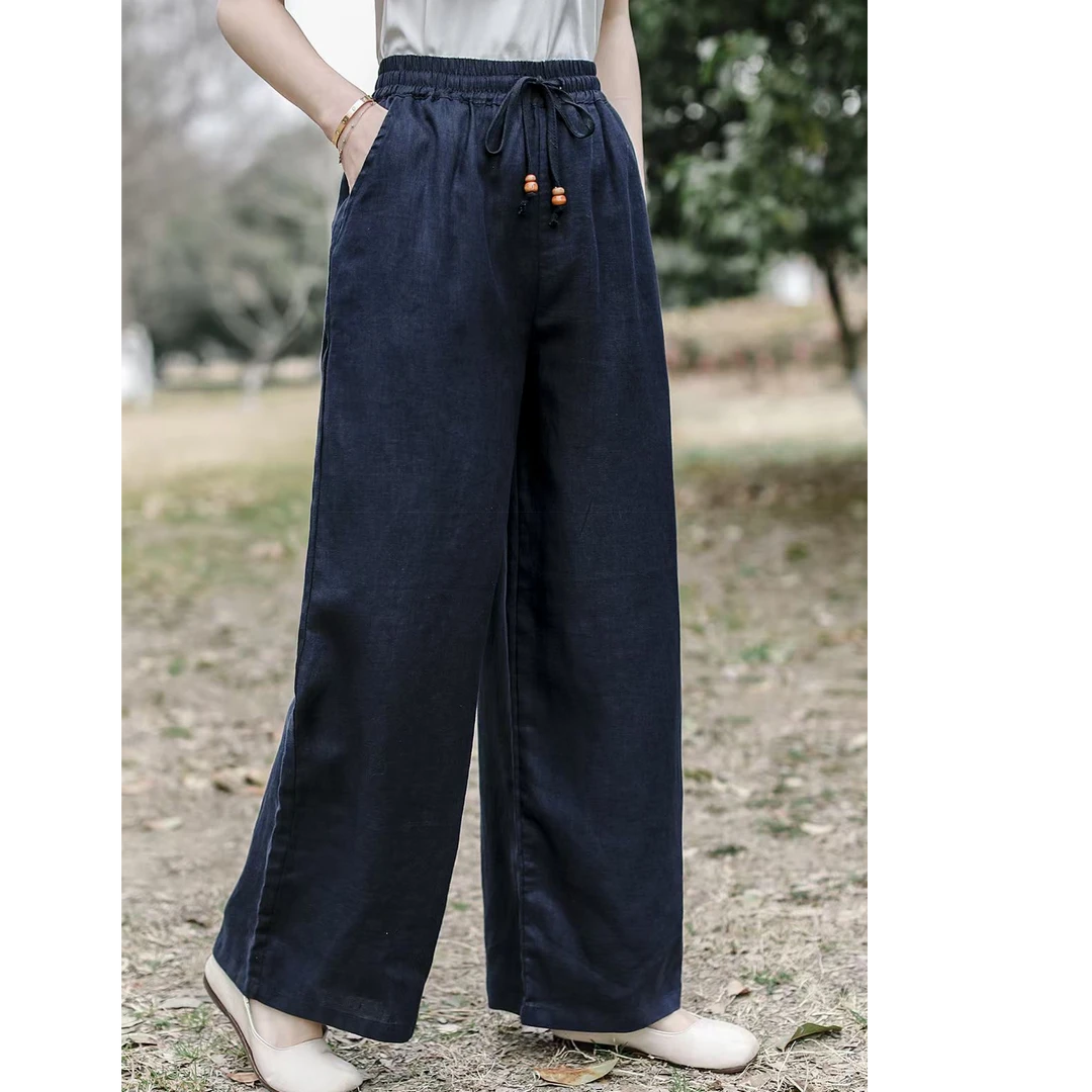 达元亚麻高腰复古阔腿裤女宽松显瘦松紧腰抽绳直筒裤夏季休闲裤