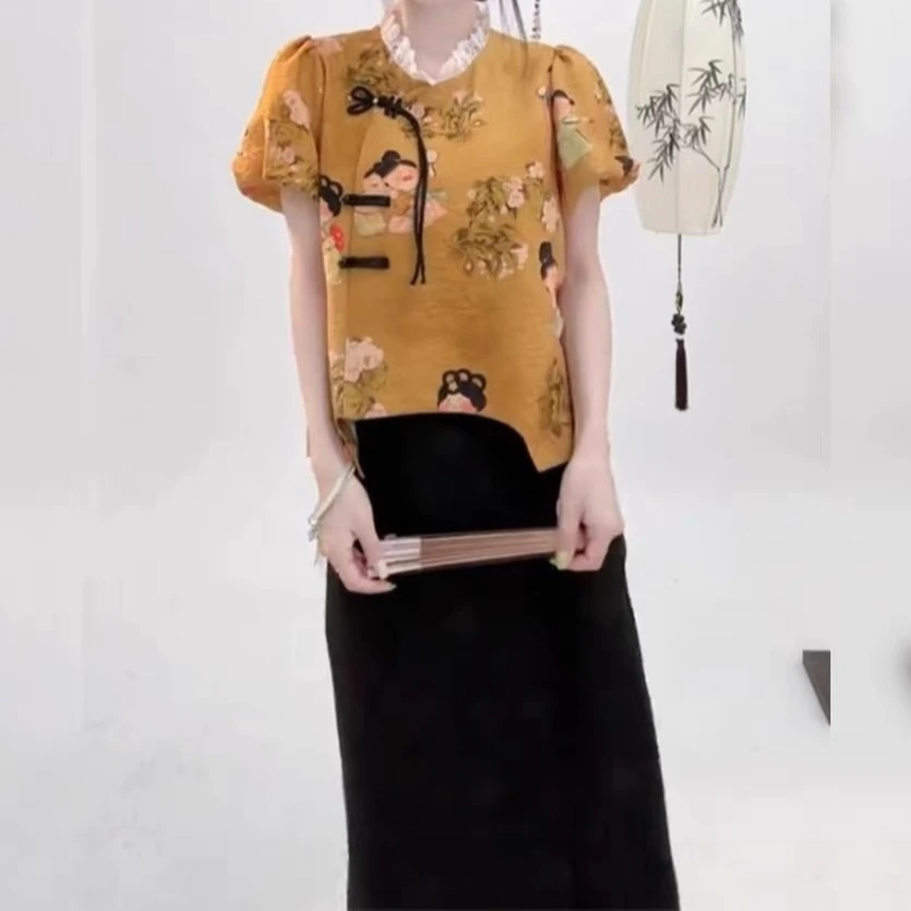 夏季女装新中式国风盘扣上衣印花衬衫弹力腰裙子套装
