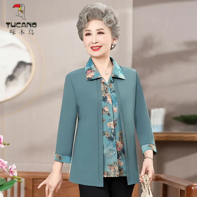 啄木鸟中老年妈妈装春秋时尚衬衫女装假两件套奶奶撞色打底衫上衣