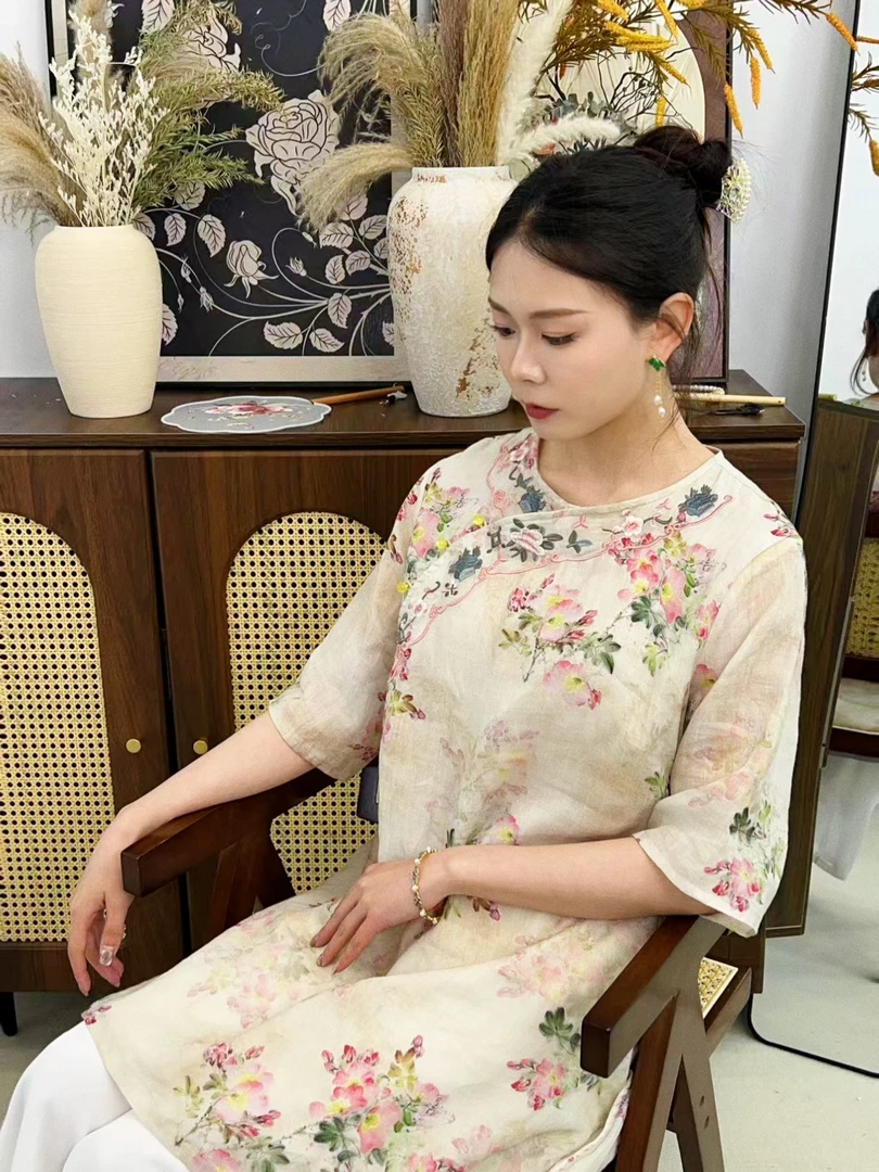 【梅雨青天】2025夏装新款短袖连衣裙改良刺绣宽松百搭气质中长款