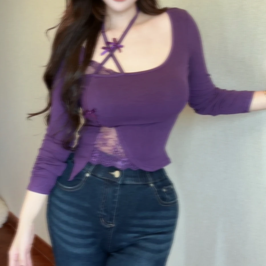 纯欲辣妹胖MM微胖大码女装春新款性感显瘦收腰低领可挂脖打底衫女