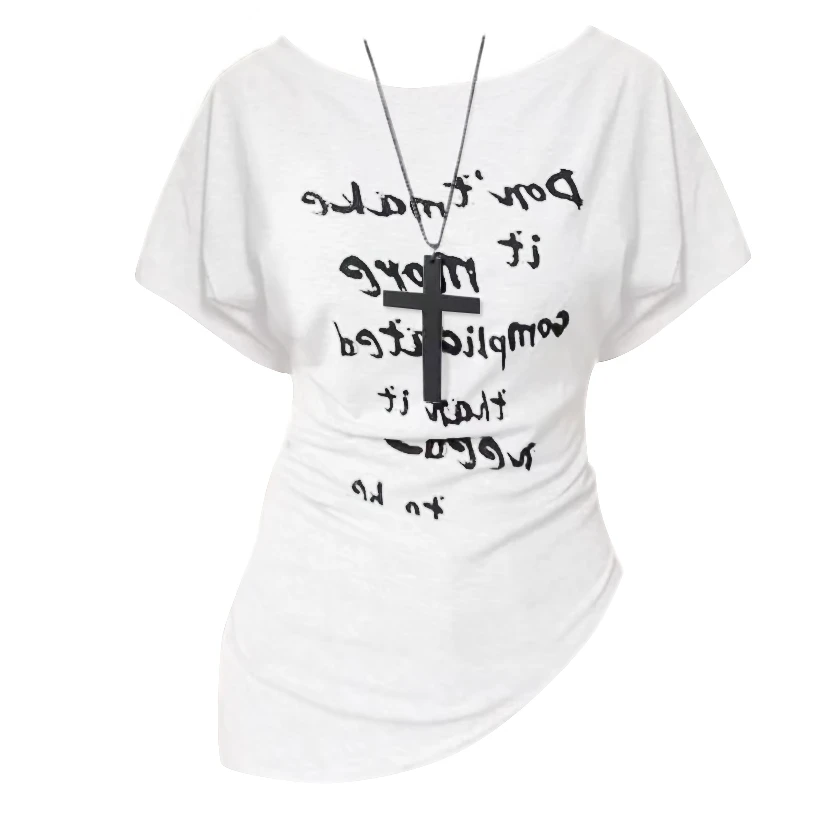 短袖胖mm显瘦款美式辣妹字母印花斜肩T恤女夏季设计感修身上衣